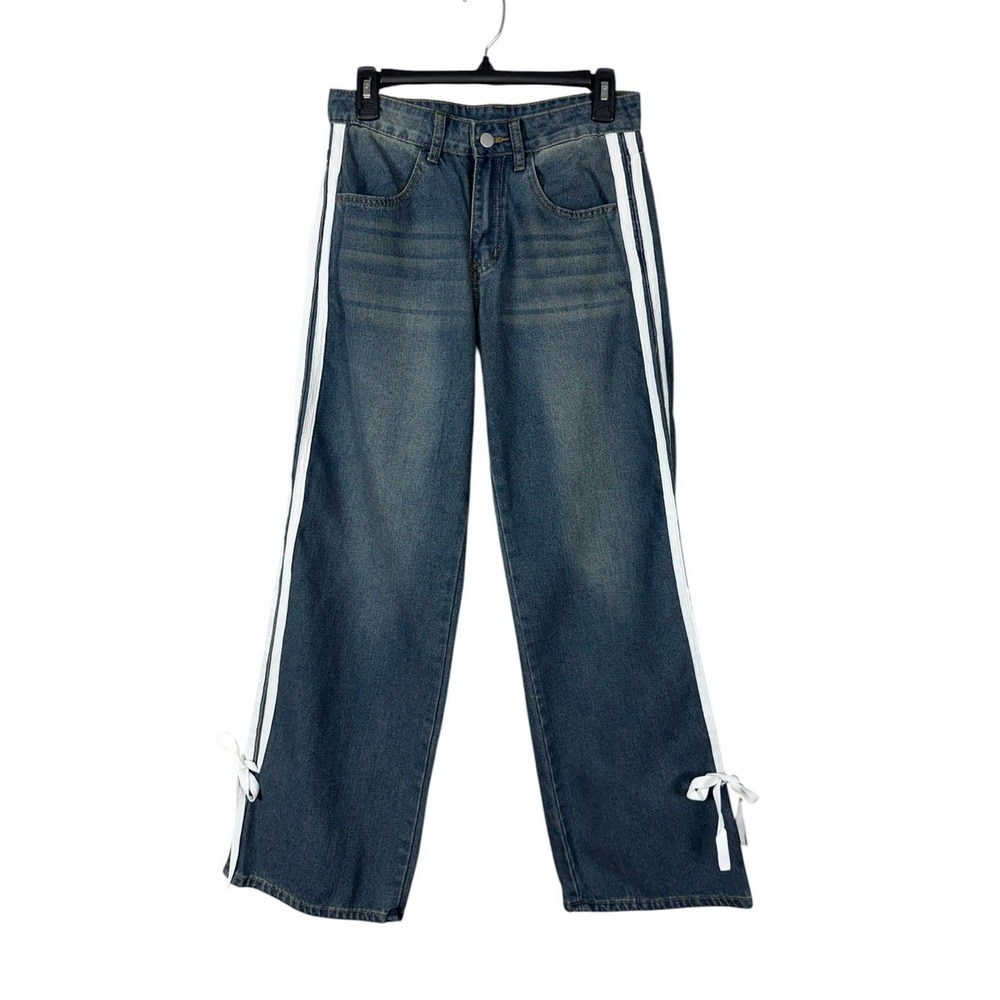 Womens Y2K Baggy Wide Leg Jeans Size 26 Festival Bow Striped Coquette Fairy